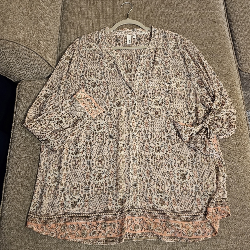 Kut From The Kloth Pink Cream Sheer Floral Boho Casual Button Office Top 1X